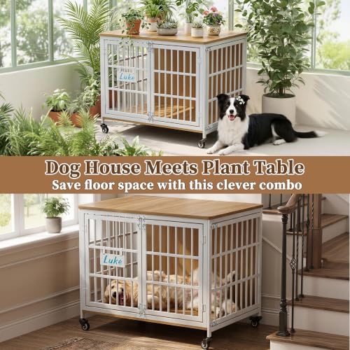 Heavy Duty Dog Crate Furniture with Personalized Name Tag (White & Beech / 40.8"L x 29.3"W x 30.2"H)