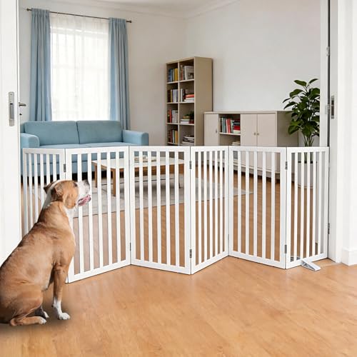Freestanding Indoor Dog Gate for House Foldable Wood White Puppy Gate for Doorways Pet Gate for Stairs Extra Wide Pet Fence 32" Height 6 Panels (White / 【6 Panels】120''w x 32''h)