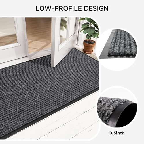 Durable Indoor Outdoor Door Mats for Entryway (2' x 4' (Rectangular) / Dark Grey Striped)