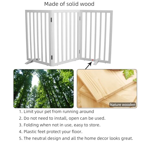 Freestanding Indoor Dog Gate for House Foldable Wood White Puppy Gate for Doorways Pet Gate for Stairs Extra Wide Pet Fence 32" Height 3 Panels (White / 【3 Panels】60''w x 32''h)