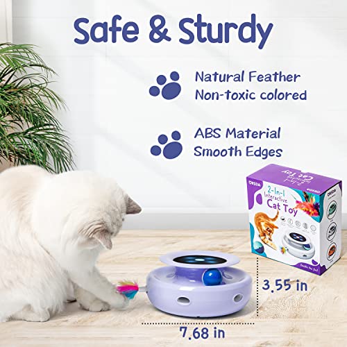 Cat Toys, 2-in-1 Interactive Cat Toys for Indoor Cats, Automatic Cat Toy Balls, Mice Toys Ambush Feather Kitten Toys with 7pcs Attachments, Dual Power Supplies, Adjustable Speed, Auto On/Off (Periwinkle)