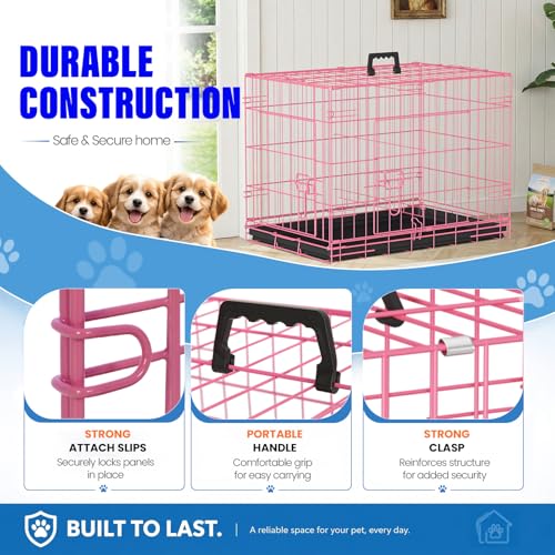Dog Crate for Small Dogs 24 Inch Folding Kennel Metal Pet Cage Pink (Pink / 24.0"L x 16.0"W x 19.0"H)