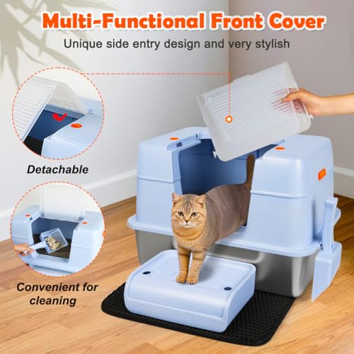 Stainless Steel Litter Box with Lid (Blue(With Mat&Step))