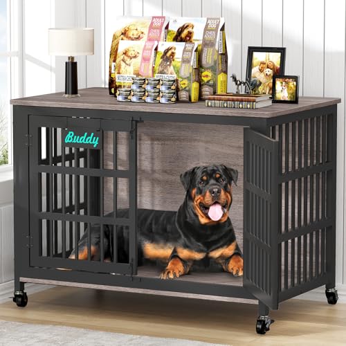 46"/42"/33" XXL Heavy Duty Dog Crate Furniture with Casters (46.1"L x 28.7"W x 31.9"H / Grey)