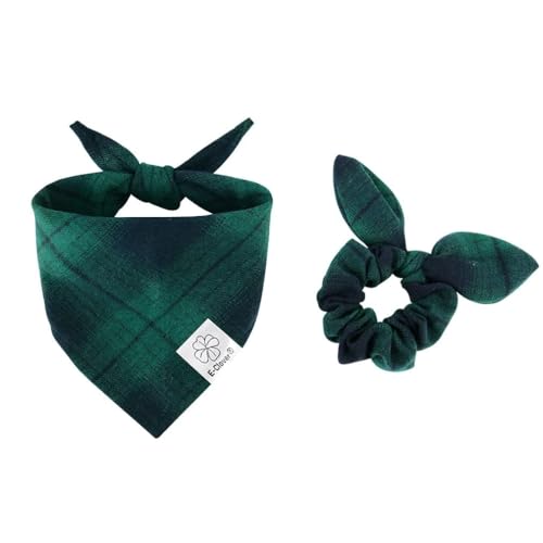 Dog Bandanas & Matching Scrunchie Set Plaid Dog Bibs Scarf Boy Triangle Kerchief Bandana for Small Dogs Puppy Birthday Gifts Pet Owner Mom Green Fall (02-plaid-green / Small)