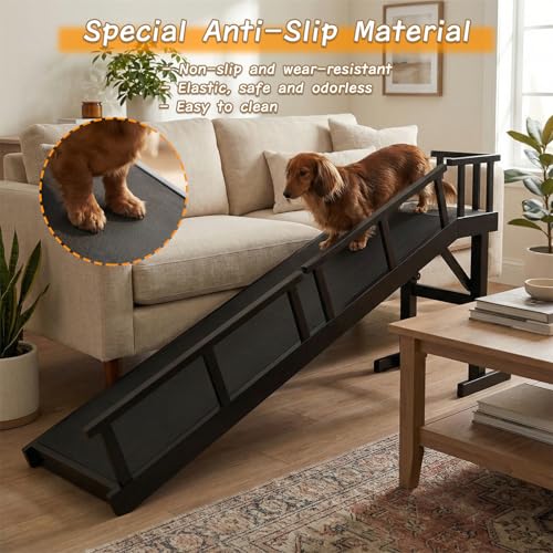 73" Dog Ramp for Bed with Rest Platform & Glow Strips (Black / 73.2"L x 25"H x 15.7"W)