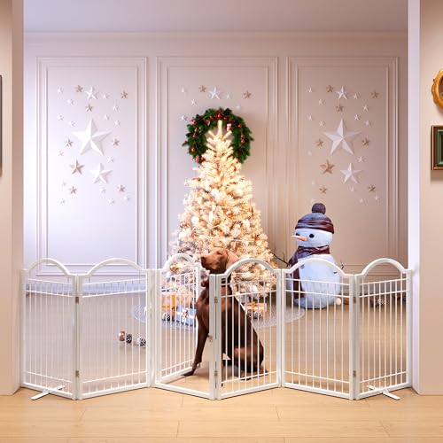 Metal No Assembly Freestanding Dog Gate with Door Walk Through (White / 6 Panels-S)