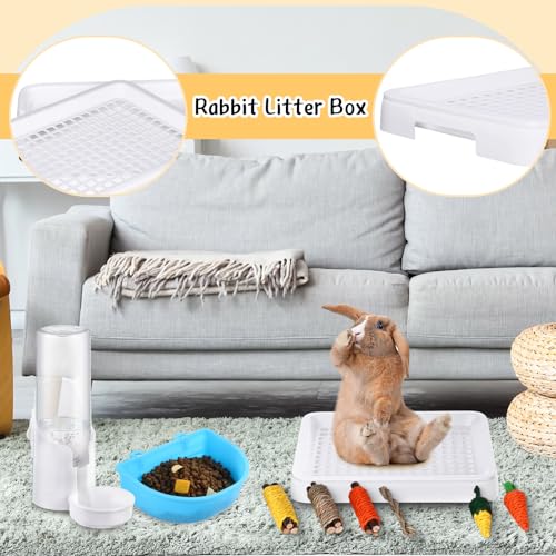 19 Pcs Rabbit Starter Kit Small Bunny Litter Box Animal Grooming Kit Water Bottle Bunny Toys Hay Feeder Bowl Blankets with Cleaning Set for Guinea Pig Rabbit Accessories (White / Strawberry Bear)
