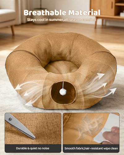 Linen Cat Tunnels with Central Cat Bed (Linen Brown)
