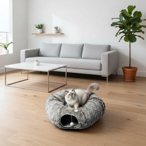 Plush Cat Tunnel Bed for Indoor Cats (Brown)