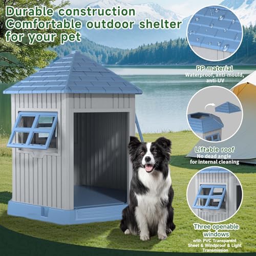 Dog House Indoor Outdoor Durable Large Dog Shelter with Outside Dog Kennel with Window and Elevated Floor for Small Medium Dogs (Blue-2 / 34.8*30.51*36.89)