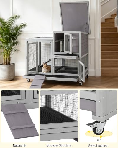 Rabbit Hutch Indoor Bunny Cage with Run Outdoor Rabbit House with Two Deeper No Leak Trays (Grey / 40.6"L x 26.0"W x 37.6"H)