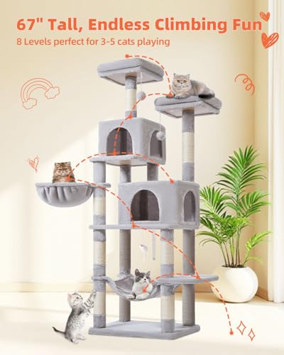 Cat Tree 66.2 in Tall Cat Tower with 2 Plush Cat Condos (67 inches / Light Gray)