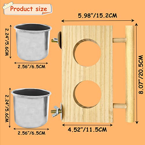 Bird Food Stainless Steel Cups Wooden Perch Stand Hanging Feeder Bowls Feeding and Watering Supplies for Parakeets Conures Cockatiels Budgie Parrot (Large)