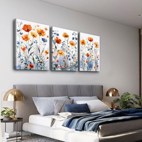 Large Canvas Wall Decor for Living Room Boho Wall Art for Bedroom Kitchen Family Room Wall Pictures Artwork Flowers Watercolour Paintings Modern Home Decor 3 Pieces (20x28inches*3pcs / Flowers Pictures)