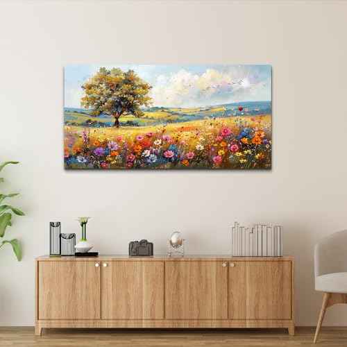 Canvas Wall Art For Living Room Wall Decor For Bedroom Office Decorations Field Pictures Artwork Flower Scenery Watercolour Wall Paintings Aesthetic Room Home Decor Ready to Hang (40"L x 20"W / Field Landscape)