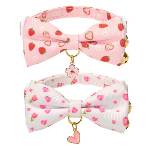 2 Pack Floral Cat Collars with Bow Tie and Bell Adjustable Breakaway Bowtie Cute Kitten Collar (S:Neck 7.0" - 11.0" / White Heart+Pink Strawberry)