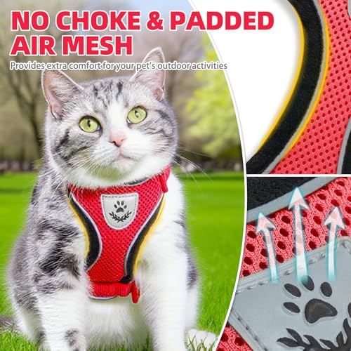 Cat Harness and Leash Set Escape Proof Reflective Cat Walking Harness Adjustable Soft Breathable Mesh Vest for Small Pets (S (NECK 9.5"-11", CHEST 13"-16") / Red)
