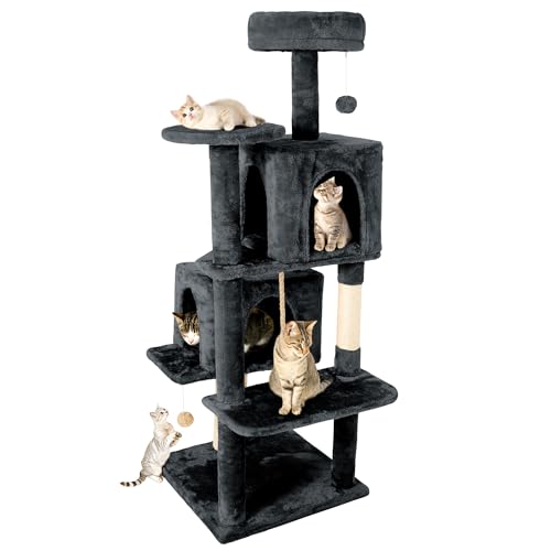 59in Large Cat Tree Tower for Indoor Cats with Soft Plush Hang Ball (59in Dark Grey)
