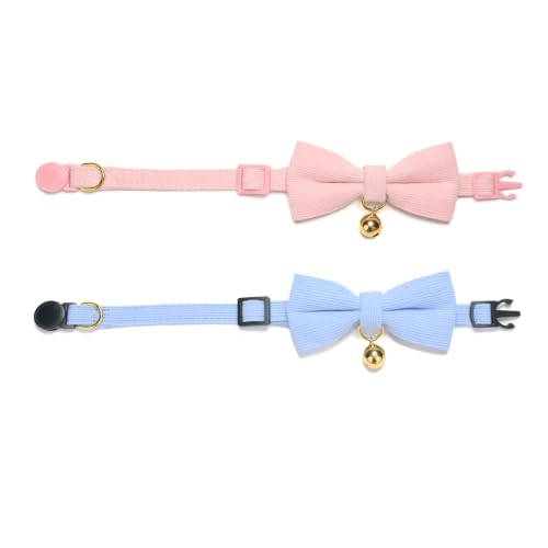 2 Pack Soft Corduroy Cat Collars with Bow Tie & Bell Adjustable Breakaway Kitten Bowtie Collar for Girl Boy Cats (S:Neck 7.0" - 11.0" / Corduroy-Blue Pink)
