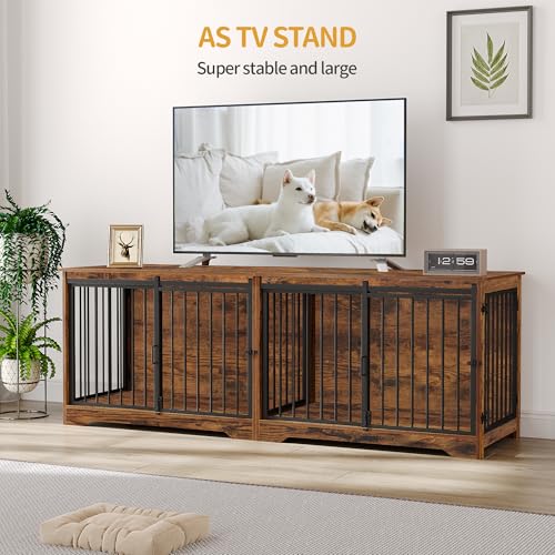 77.6" Double Dog Crate Furniture (Rustic Brown / 77.6"L x 23.6"W x 26.4"H)