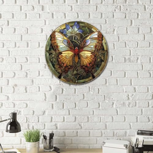 Metal Sign Tin Sign Circular Stained Glass Butterfly Funny Bathroom Wall Decor for Patio 8×8 Inches (8×8 Inches / Butterfly-2)