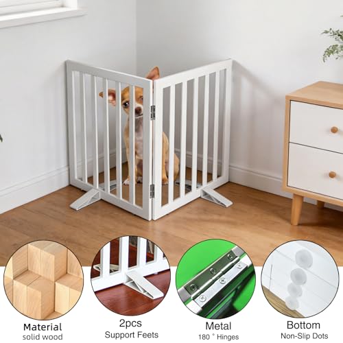 Freestanding Indoor Dog Gate for House Foldable Wood White Puppy Gate for Doorways Pet Gate for Stairs Extra Wide Pet Fence 24" Height 2 Panels (White / 【2 Panels】40''w x 24''h)