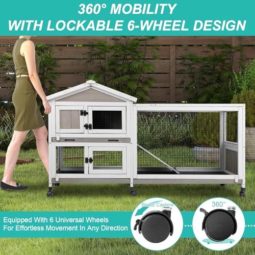 2 Tier Rabbit Hutch with Wheels (60"L x 19"W x 35"H)