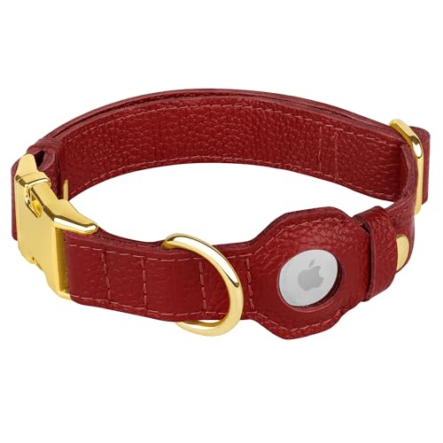 Leather Airtag Dog Collar (Red / XL, 20"-25" Neck Fit)
