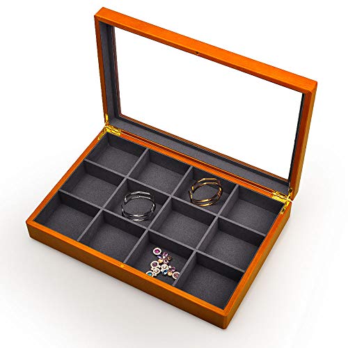 12 Grids Vintage Solid Wood Jewelry Box Microfiber Lining Earrings Bracelets Necklace Storage Jewelry Drawer Organizer Tray with Lid (Grey 12 Grids Box)