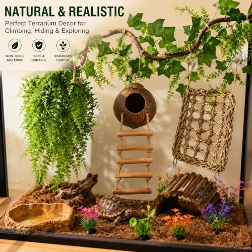 Leopard Gecko Tank Accessories. Reptile Hammock Vines Plants with Coconut Shell Ladder Hideout Hermit Crab Decor for Bearded Dragon Lizard Chameleon Crested Gecko Tortoise Snake (Large with Water Dish)