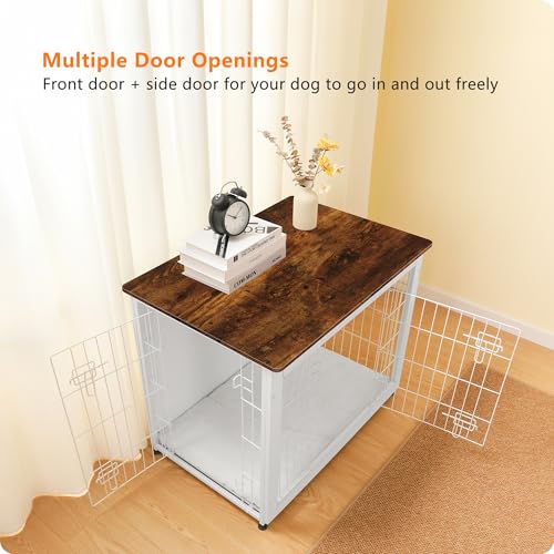32.5" Dog Crate Furniture with Cushion (White+Rustic Brown / 32.5"L x 21.9"W x 25.6"H)