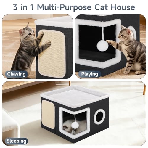 Cat House Bed for Indoor Cats with Fluffy Ball and Scratch Pad Black (Black / Large)