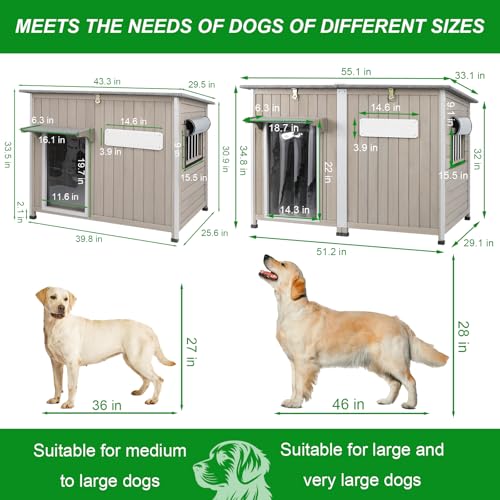 Dog House Outdoor Weatherproof & Wooden Dog Kennel with Chew (43" L x 30" W x 33" H)