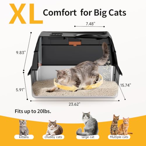 XL Enclosed Stainless Steel Litter Box with Lid (Black)