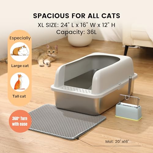 Stainless Steel XL Cat Litter Box for Big Cats (11.8inch-Light Grey / X-Large)