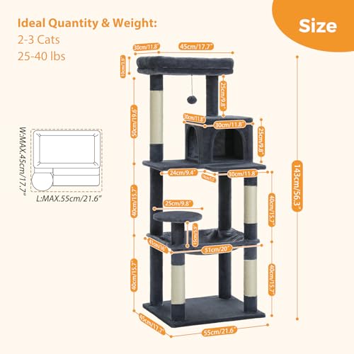 56.3" Cat Tree for Indoor Cats Large Adult with Hammock (Dark Grey / 56 Inches)