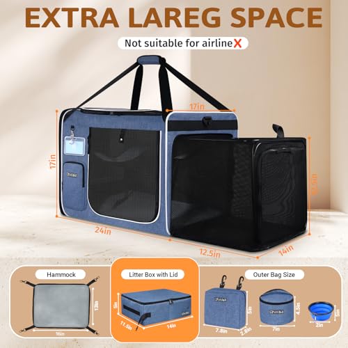 Side Expandable Extra Large Cat Carrier with Litter Box and Wheels (Blue with wheels)