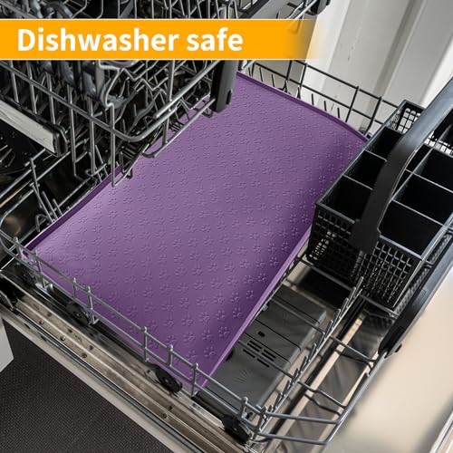 Dog Food Mat Waterproof Pet Bowl Mats with High Lips (31.5"L x 23.6"W / Purple)