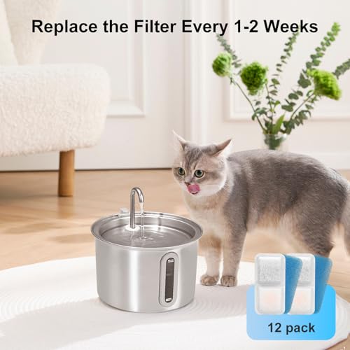 12 Pack) Cat Water Fountain Filters Replacement Compatible with oneisall Cat Water Fountain, Cat Fountain Filters for 67oz/2L Stainless Steel Cat Fountain