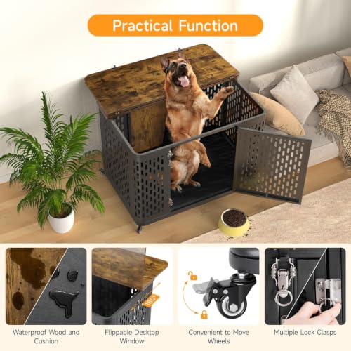 43.7" Heavy Duty Dog Crate Furniture for Large Dogs with Flip Top (Rustic Brown / 43.7"L x 29.9"W x 31.7"H)