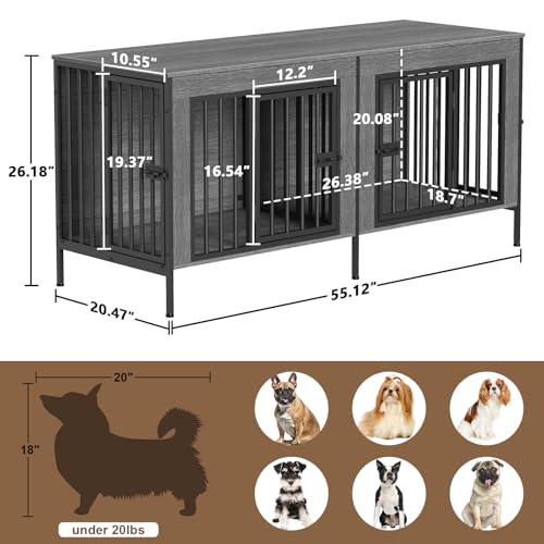 55.12" Dog Crate Furniture for 1 or 2 Dogs (Dark Grey / 55.12"L x 20.47"W x 26.18"H)