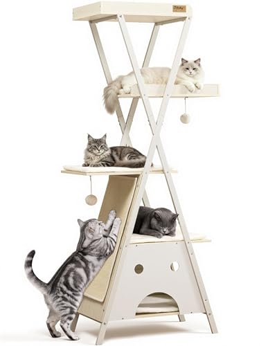Modern Wood Cat Tree Tower for Indoor Cats Large Adult 67 (67 inch / Rustic White)
