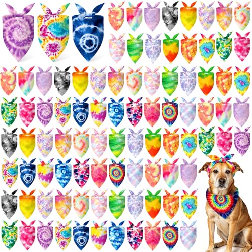 100 Pcs Tie Dye Dog Bandanas Bulk (Tie-dye / 25.6 x 17.7 x 17.7 Inch)