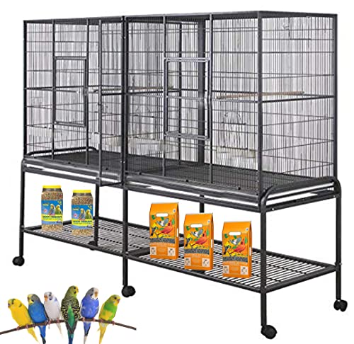 Large Double Birdhouse Treehouse Bird Flight Center Divider Cage with Side Breeding Nest Doors Removable Rolling Stand (BlackVein / 52.0"L x 17.0"W x 54.0"H)