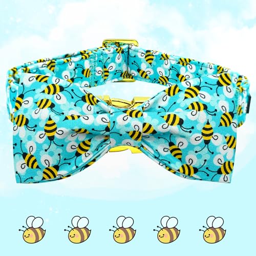 Blue Bees Print Dog Collar with Bow Tie for Small to Large Dogs (Bees / X-Small (Pack of 1))
