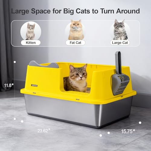 XL Stainless Steel Cat Litter Box for All Cats with High Sides and Scoop (Yellow / X-Large)