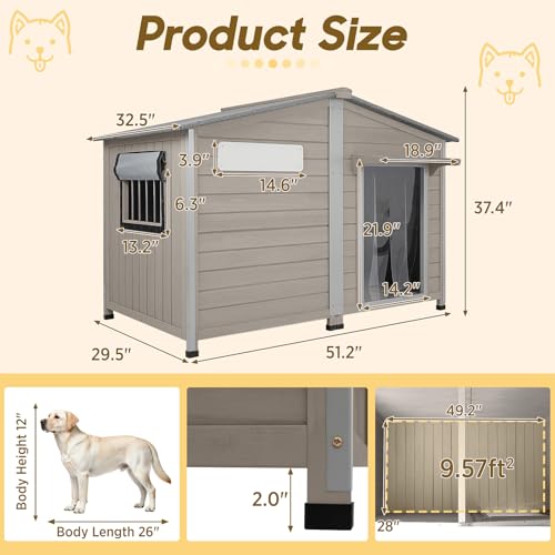 51.2" L Extra Large Weatherproof Dog House (Grey / 51.2"D x 29.5"W x 37.4"H)