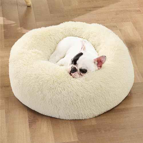 Calming Small Medium Dog Bed Donut Washable Puppy Bed (27"L x 27"W x 8"Th / Ivory Beige)