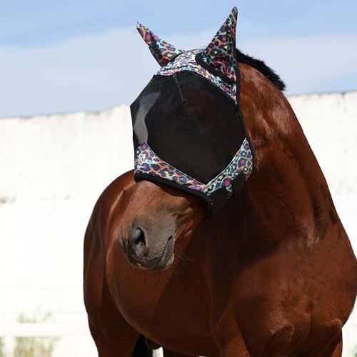 Pro LumiVista Horse Half Face Fly Mask Large Eye Space with Ears UV Protection for Horse Iridescent Prints M (Iridescent Prints / M)